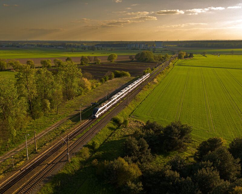 Train travelling through countryside
